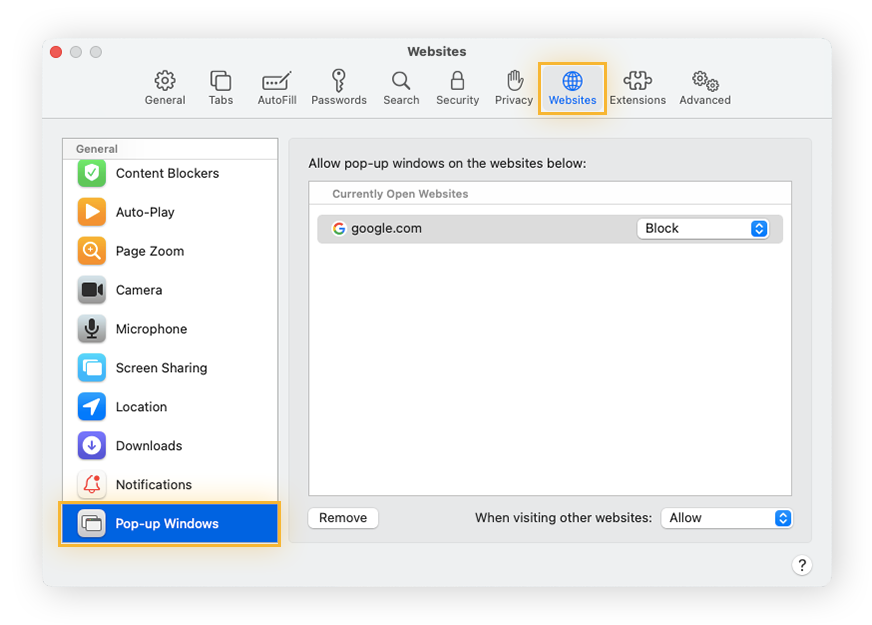 Configuring Pop-up Windows settings within Safari Preferences.