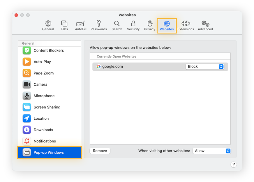 Instellingen voor pop-upvensters configureren in Safari Voorkeuren.