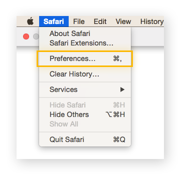 A Safari drop-down menu with preferences highlighted