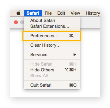 Das Dropdown-Menü „Safari“, in dem „Einstellungen“ hervorgehoben ist