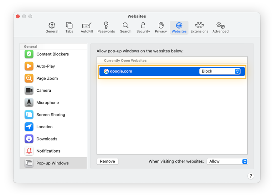 Configuración de las preferencias de ventanas emergentes de sitios web individuales para bloquear las ventanas emergentes de Google en la configuración del navegador Safari.