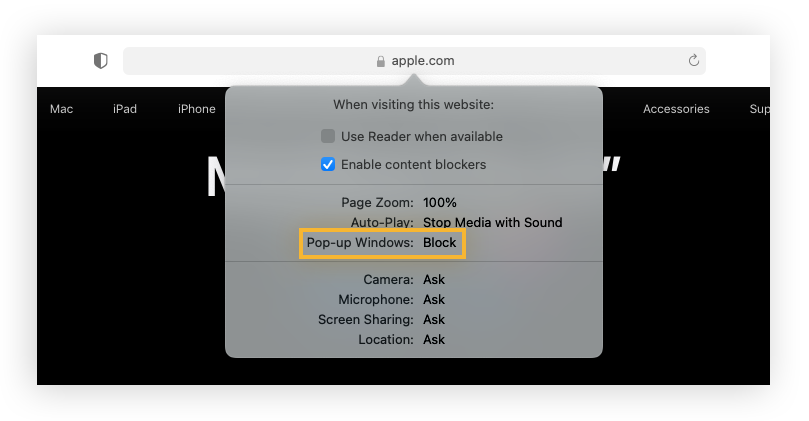 Blocking pop-ups on the active website by customizing Settings for this website preferences.