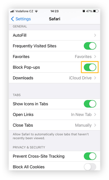 Pop-ups blokkeren in Safari op iPhone.