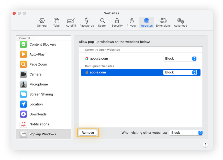Eliminar las preferencias de Sitios web configurados para permitir todas las ventanas emergentes de Safari.