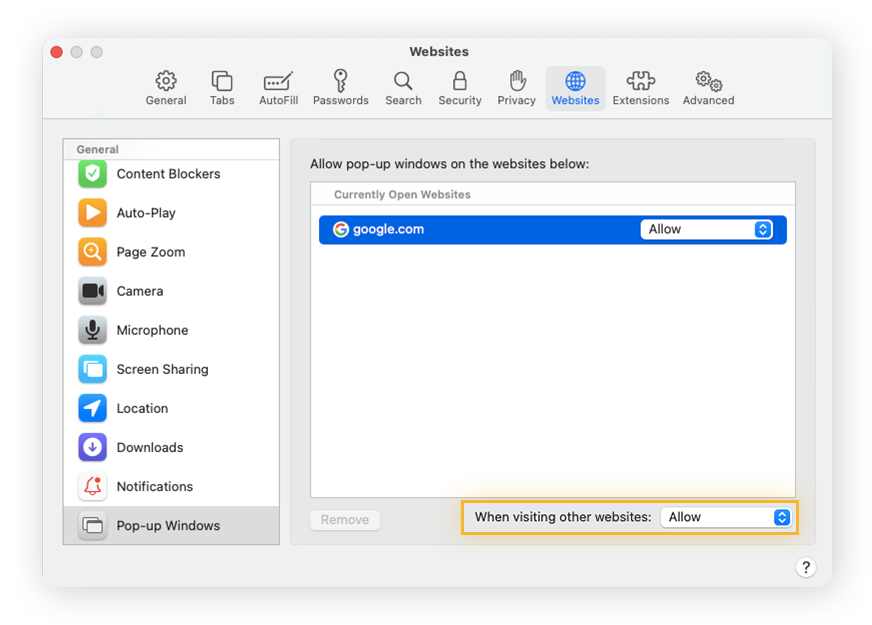 Configuring Safari Pop-up Windows settings to disable pop-up blocking.