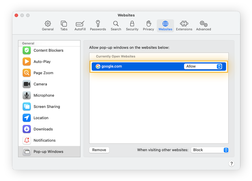 Die Registerkarte „Websites“ in Safari. Pop-ups auf der aktuellen Webseite werden erlaubt.