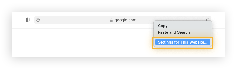 Accesso alle Impostazioni di Google per questo sito Web facendo clic con il pulsante destro del mouse sulla barra degli indirizzi.