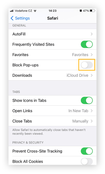 Menu Impostazioni dell'app Safari in iOS. L'opzione Blocco finestre a comparsa è disattivata.