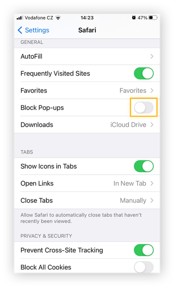 Menu de configurações do aplicativo Safari no iOS. A opção Bloquear pop-ups é alternada para a esquerda.