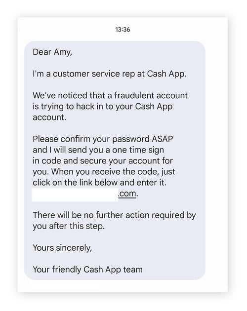 A Cash App customer support scam requesting a user's password.