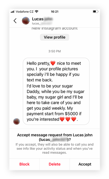 Instagram screenshot of a direct message from a sugar daddy scammer.