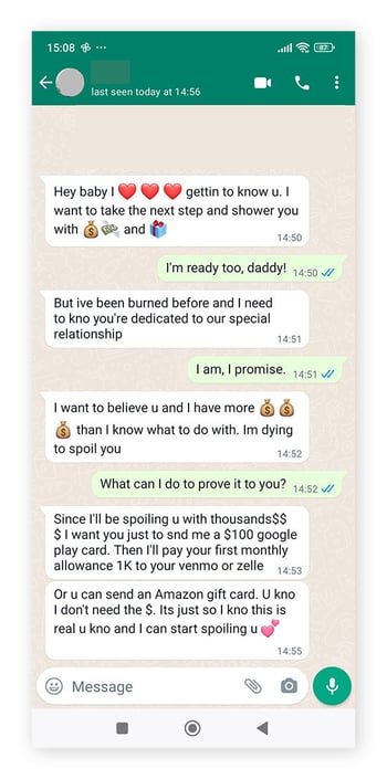 A fake sugar daddy messages his target on WhatsApp, asking for a gift card to prove their loyalty.
