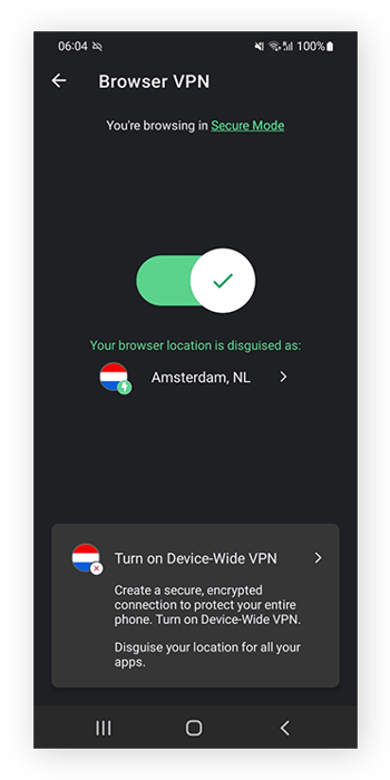 Una captura de pantalla de AVG Secure VPN integrada en AVG Secure Browser.