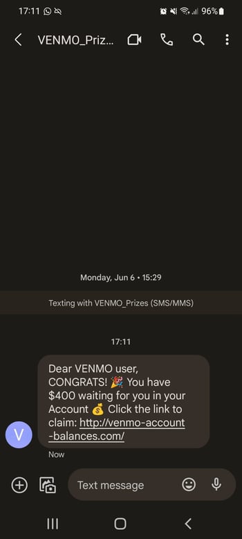 Ein Beispiel für eine gefälschte SMS von Venmo, bei der es sich wahrscheinlich um einen Phishing-Betrug handelt.