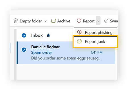 Afbeelding van Microsoft Outlook-menubalk met gemarkeerde selectie van Ongewenste e-mail rapporteren