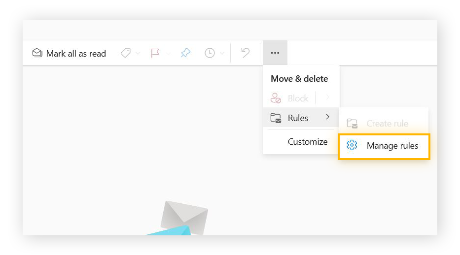 Immagine della barra dei menu della posta elettronica di Outlook con il menu Regole selezionato e l'opzione Gestisci regole evidenziata