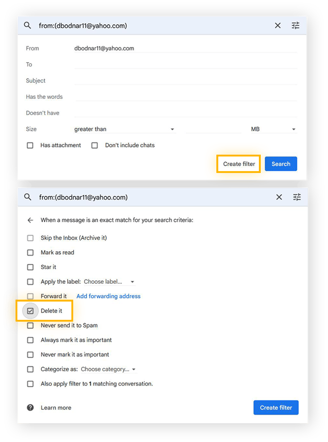 "Create filter" highlighted and the "Delete it" checkbox