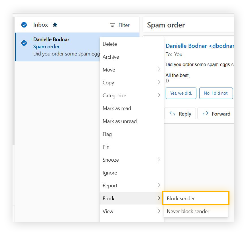  Immagine delle opzioni disponibili per un messaggio di posta elettronica di Microsoft Outlook con "Blocca mittente" evidenziato