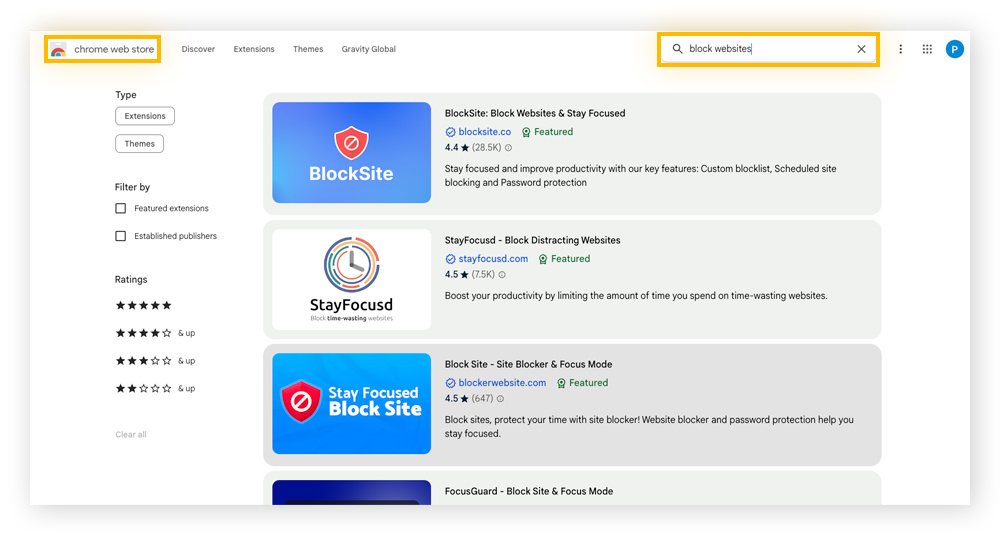 The search results for "block websites" on the Chrome web store