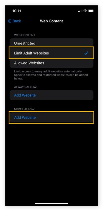 iPhone content restrictions settings showing Limit Adult Content and Never Allow options