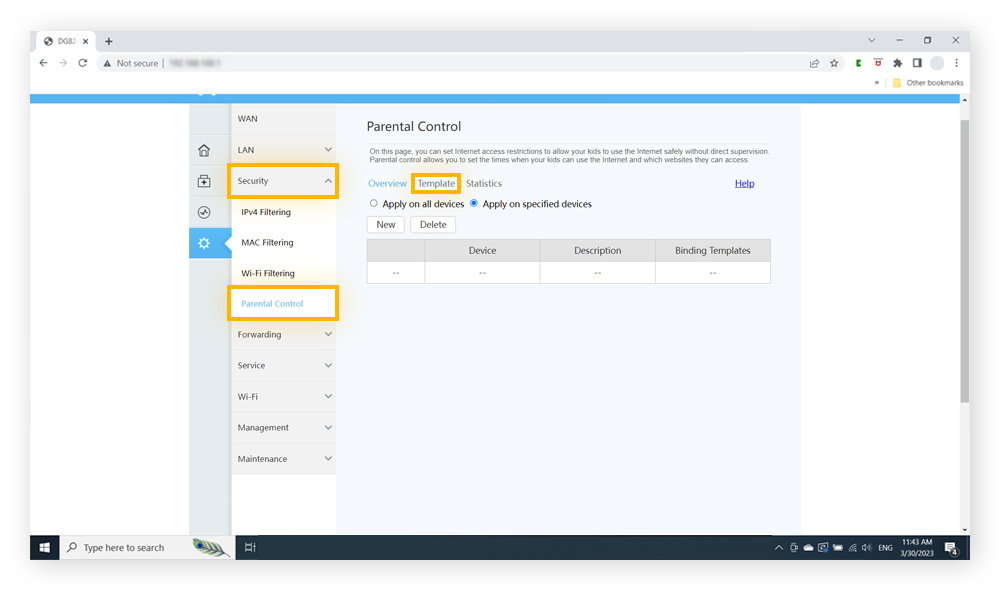 Parental control settings within router admin portal online.