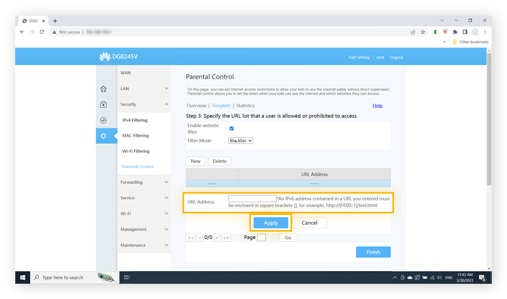 Website blocking options in the parental controls on a router admin portal.