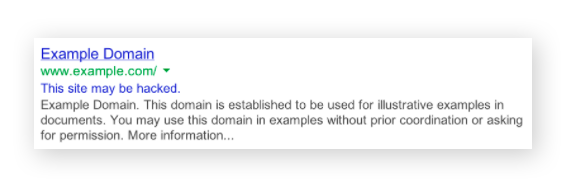 Un resultado del motor de búsqueda que advierte que el dominio puede estar hackeado