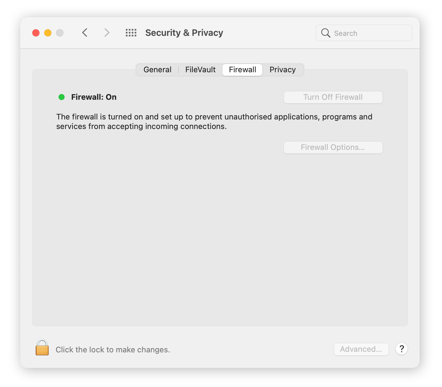 Attivazione del firewall tramite le impostazioni di sicurezza e privacy in Mac OS.