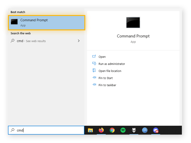 Typing "cmd" in the Windows 10 Search Bar to bring up "Command Prompt"
