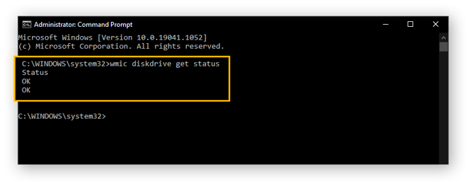typing "wmic diskdrive get status" in the Command Prompt in Windows 10