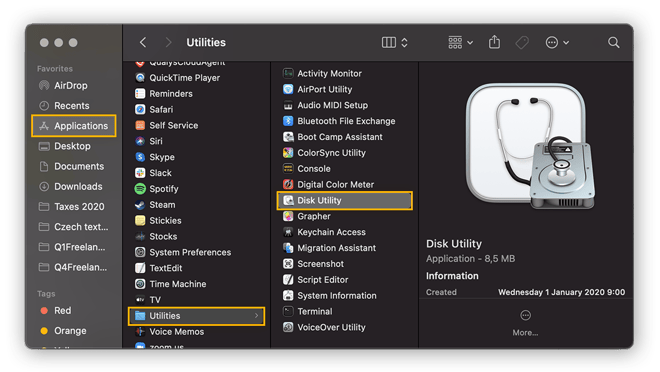 Navigating to Applications>Utilities>Disk Utility on Mac