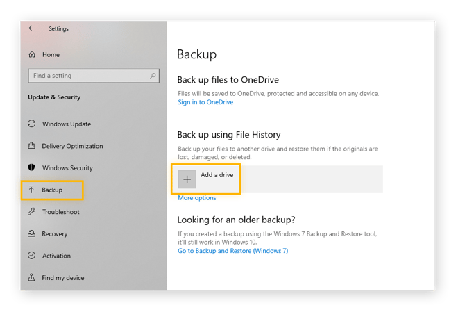Backing up a hard drive on Window through settings and Backup