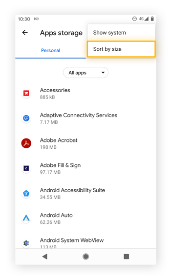 Highlighting the option to sort Android Apps storage by size