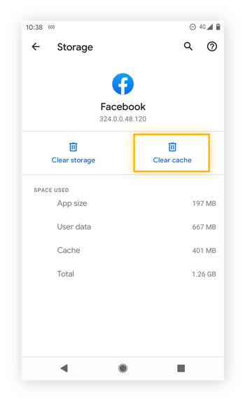 Highlighting the "Clear cache" option for the Facebook app on Android