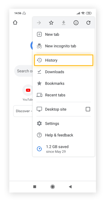 Highlighting the History option under Google Chrome's option menu on Android