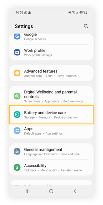 Locating Battery and device care within Android Settings.