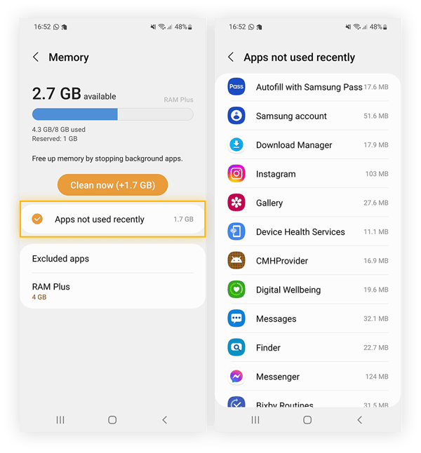 Locating Apps not used recently within Android memory settings.
