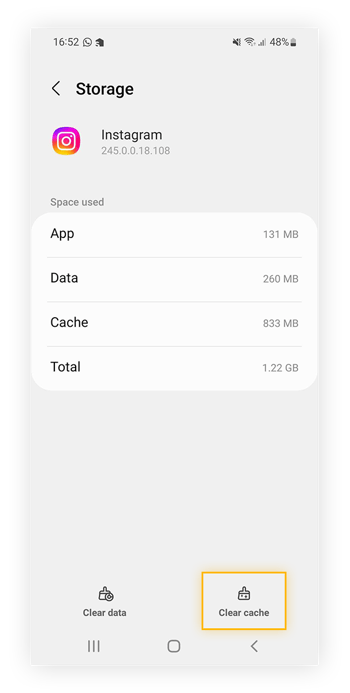 Limpando o cache do aplicativo selecionado nas configurações do Android.