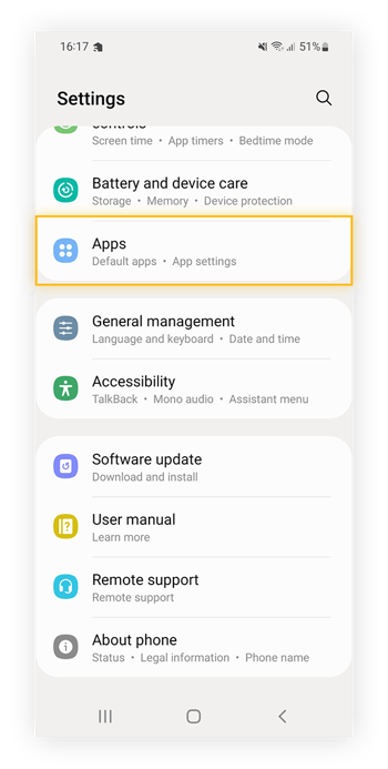 Selección de aplicaciones dentro de Ajustes del dispositivo para Android.
