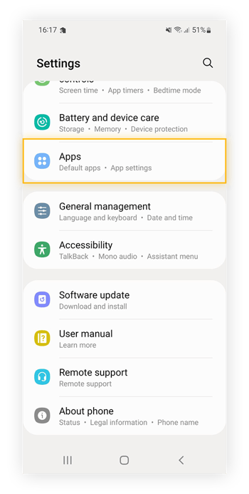 Selecting Apps within device Settings for Android.