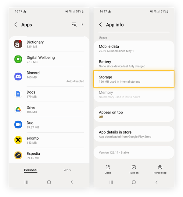 Accessing Storage options within App info for a particular app on Android.