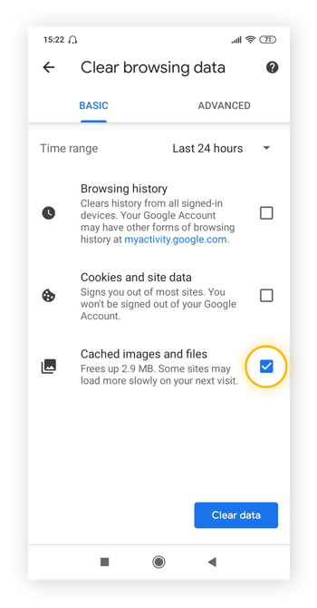 Hervorhebung des aktivierten Kontrollkästchens „Bilder und Dateien im Cache“ unter „Browserdaten löschen“ unter Android