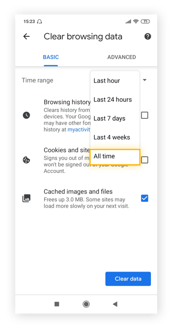 Clearing cache on Android for a certain time range.