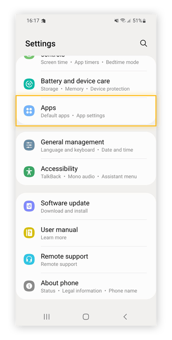 Selecionar Apps nas configurações de dispositivo do Android.