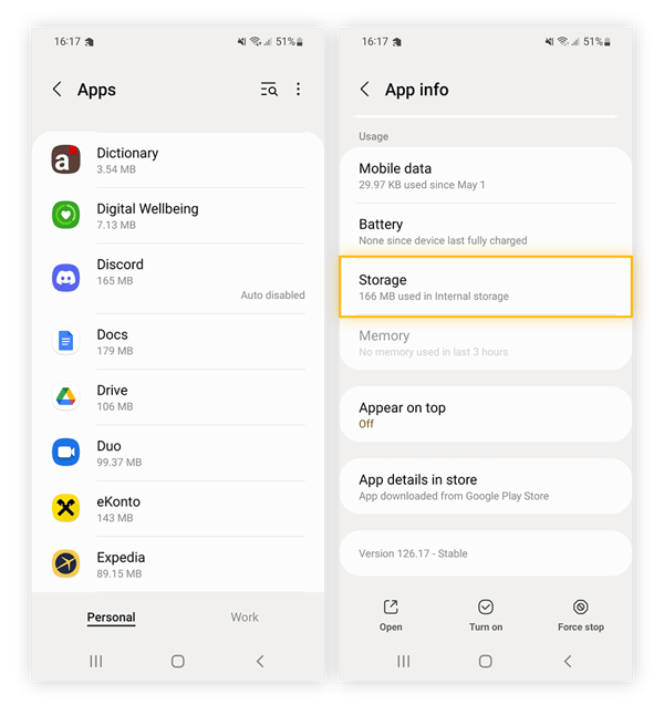 Öffnen der Speicheroptionen in den App-Infos für eine bestimmte App unter Android.