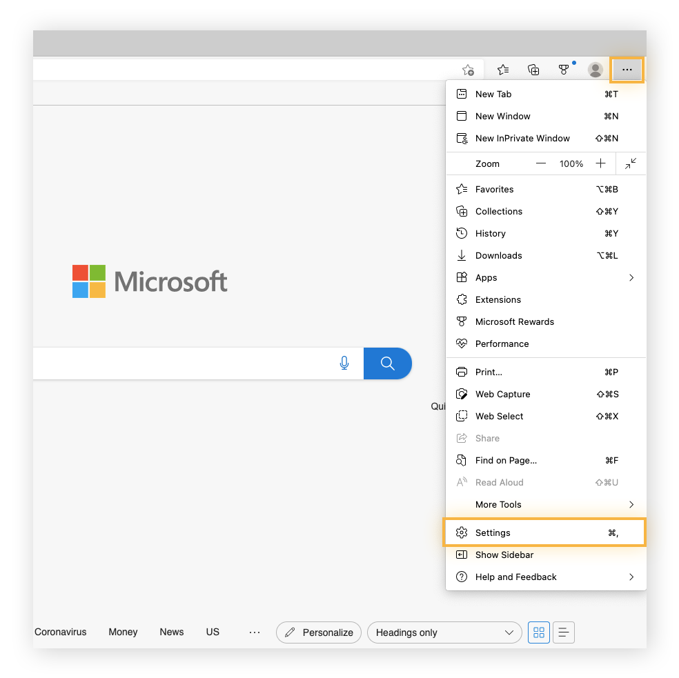 Haga clic en el icono del menú y seleccione «Configuración» en el menú del navegador Microsoft Edge para borrar la caché en Edge