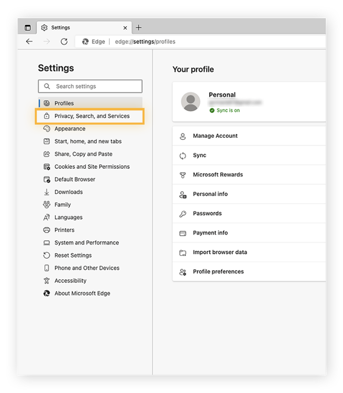 In the "Settings" menu, click “Privacy, Search, and Services” on the left side of the window.