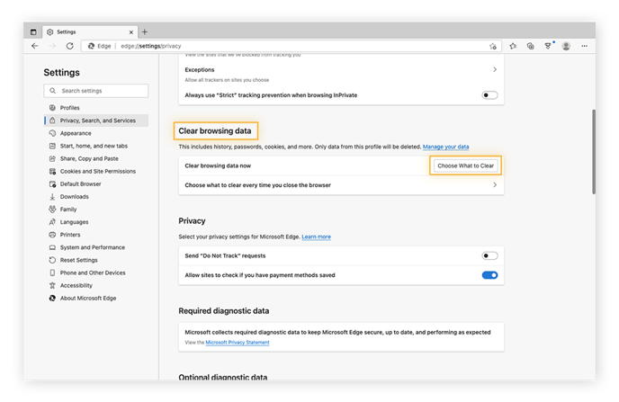 Click “Choose What to Clear” under the “Clear browsing data” section to clear the Edge cache