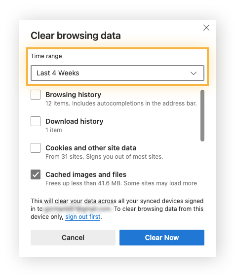 Select a Time Range from the dropdown menu in the "Clear browsing data" pop-up