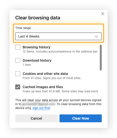 Choisissez un Intervalle de temps dans le menu déroulant de la fenêtre pop-up « Effacer les données de navigation »